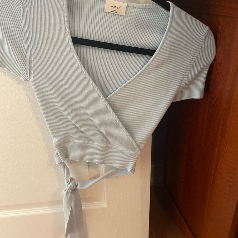 Wilfred Sky Blue Ribbed Wrap Blouse